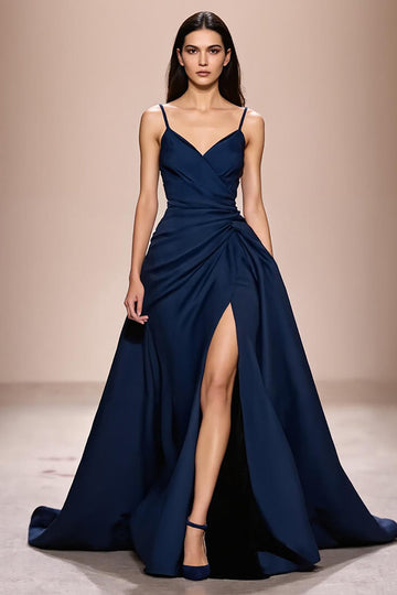 Dark Blue A Line Ruched Long Formal Dress with Slit
